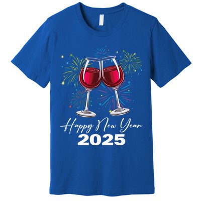 Happy New Year 2025 Wine Glass Fireworks New Years Eve Party Gift Premium T-Shirt