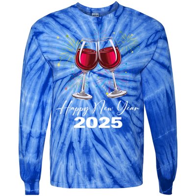 Happy New Year 2025 Wine Glass Fireworks New Years Eve Party Gift Tie-Dye Long Sleeve Shirt