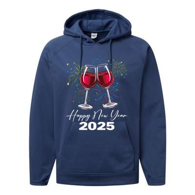 Happy New Year 2025 Wine Glass Fireworks New Years Eve Party Gift Performance Fleece Hoodie