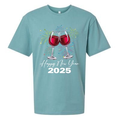 Happy New Year 2025 Wine Glass Fireworks New Years Eve Party Gift Sueded Cloud Jersey T-Shirt