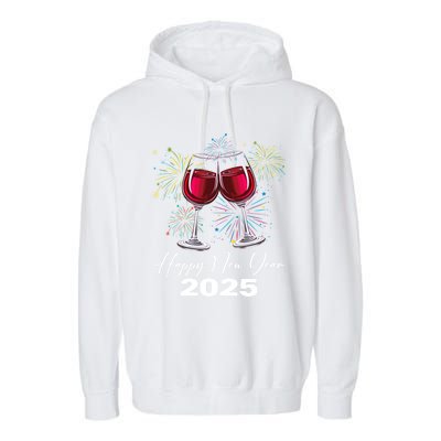 Happy New Year 2025 Wine Glass Fireworks New Years Eve Party Gift Garment-Dyed Fleece Hoodie