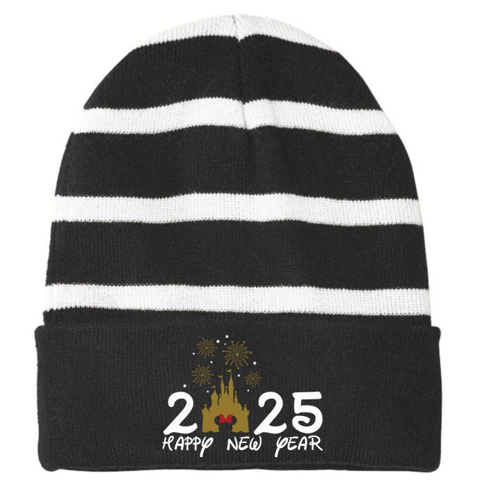 Happy New Year 2025 Magical Castle Holiday Striped Beanie with Solid Band