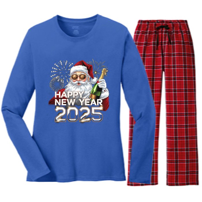 Happy New Year 2025 With Santa Fireworks Celebration Vibes Gift Women's Long Sleeve Flannel Pajama Set 