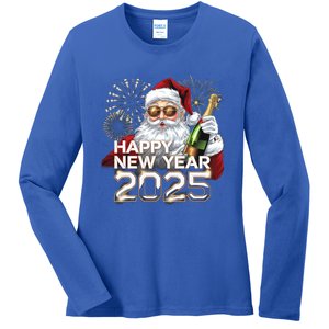 Happy New Year 2025 With Santa Fireworks Celebration Vibes Gift Ladies Long Sleeve Shirt