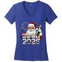 Happy New Year 2025 With Santa Fireworks Celebration Vibes Gift Women's V-Neck T-Shirt