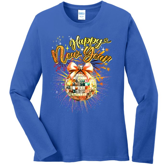 Happy New Year Retro Groovy Disco New Years Eve Fireworks Great Gift Ladies Long Sleeve Shirt