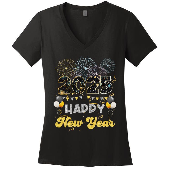 Happy New Year Party 2025 Ballon Family Matching Women's V-Neck T-Shirt