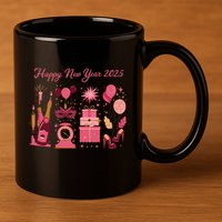 Happy New Year 2025 Champain Holiday Matching 11oz C Handle Ceramic Mug