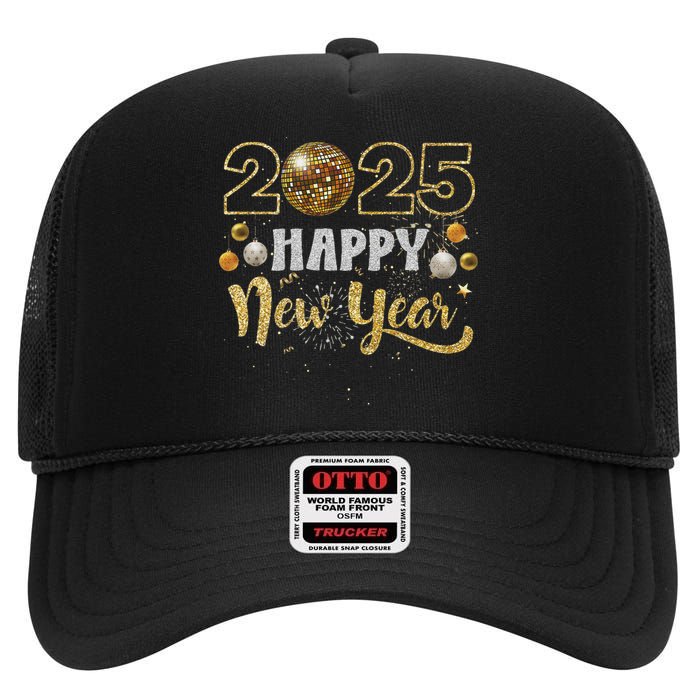 Happy New Year Party 2025 Disco Ball Matching High Crown Mesh Back Trucker Hat