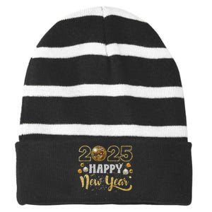 Happy New Year Party 2025 Disco Ball Matching Striped Beanie with Solid Band