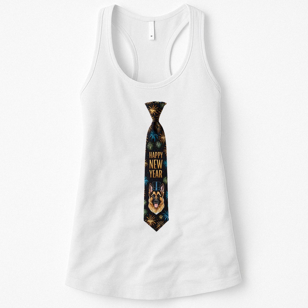 Happy New Year German Shepherd Puppy Tie Costume. Dog Lover Womens Tank Top