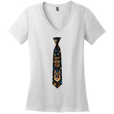 Happy New Year German Shepherd Puppy Tie Costume. Dog Lover Women's V-Neck T-Shirt