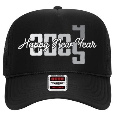 Happy New Year 2025 Celebration Graphic High Crown Mesh Back Trucker Hat