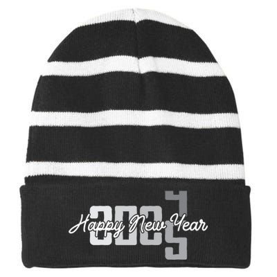 Happy New Year 2025 Celebration Graphic Striped Beanie with Solid Band