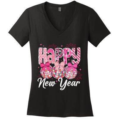 Happy New Year 2025 Party Retro Disco Ball Matching Family Women's V-Neck T-Shirt
