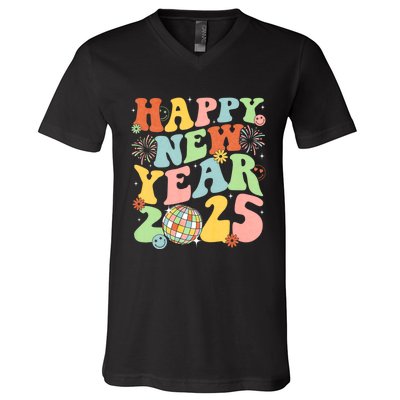 Happy New Year Party 2025 Groovy Family Matching V-Neck T-Shirt