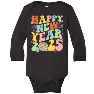 Happy New Year Party 2025 Groovy Family Matching Baby Long Sleeve Bodysuit