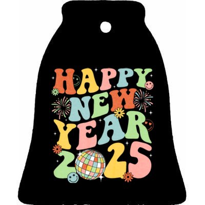 Happy New Year Party 2025 Groovy Family Matching Ceramic Bell Ornament