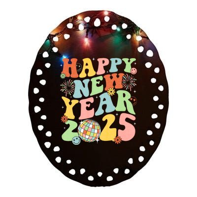 Happy New Year Party 2025 Groovy Family Matching Ceramic Oval Ornament