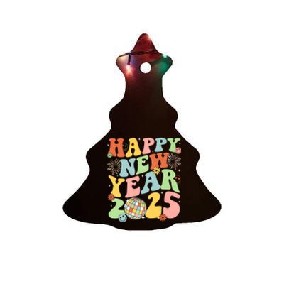 Happy New Year Party 2025 Groovy Family Matching Ceramic Tree Ornament