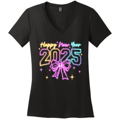 Happy New Year Party 2025 Coquette Bow Family Matching Women's V-Neck T-Shirt