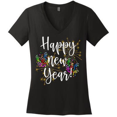 Happy New Year Day Eve Party Fireworks Confetti Costume Fun Long Sleeve TShirt Women's V-Neck T-Shirt