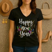 Happy New Year Day Eve Party Fireworks Confetti Costume Fun Long Sleeve TShirt Women's V-Neck T-Shirt