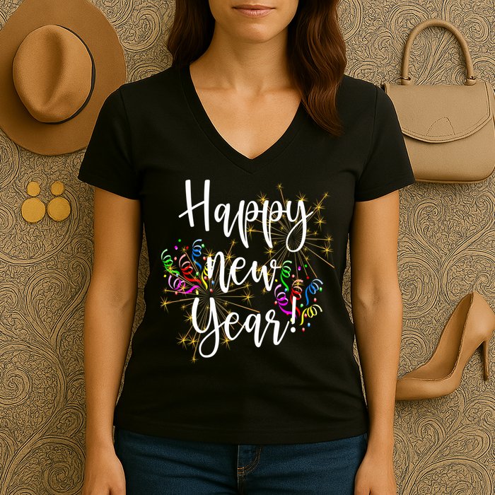 Happy New Year Day Eve Party Fireworks Confetti Costume Fun Long Sleeve TShirt Women's V-Neck T-Shirt