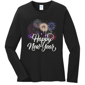 Happy New Year 2025 Fireworks New YearS Eve Party Countdown Ladies Long Sleeve Shirt