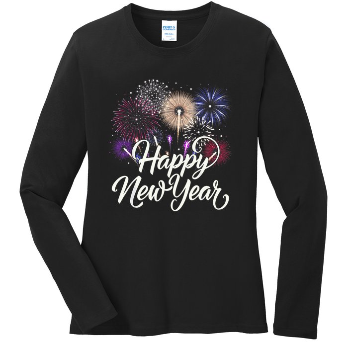 Happy New Year 2025 Fireworks New YearS Eve Party Countdown Ladies Long Sleeve Shirt