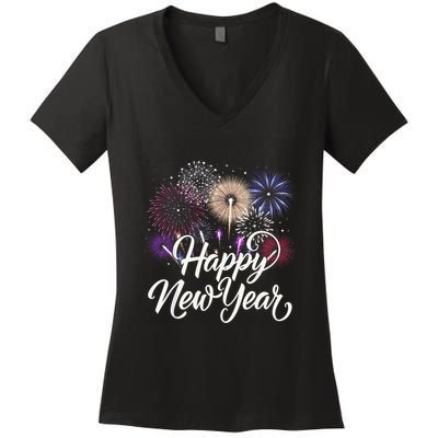 Happy New Year 2025 Fireworks New YearS Eve Party Countdown Women's V-Neck T-Shirt