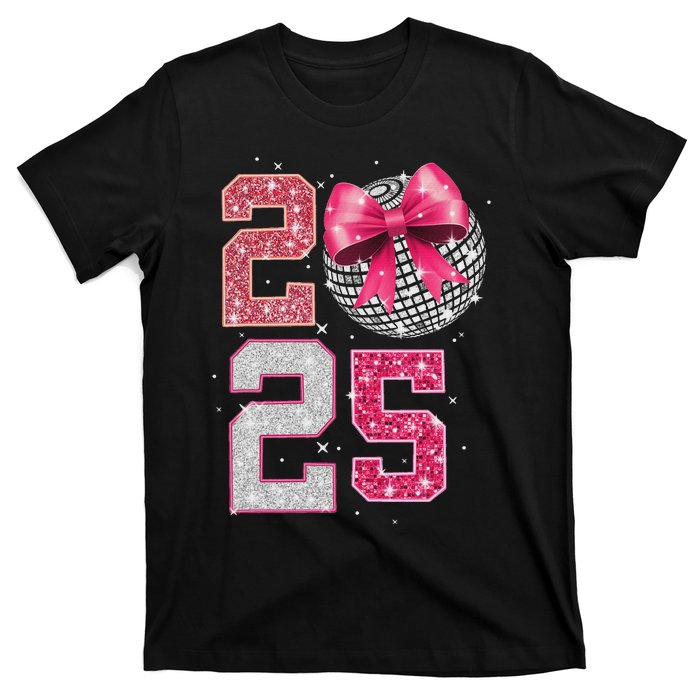 Happy New Year 2025 Disco Ball Coquette Bow Family T-Shirt