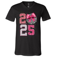 Happy New Year 2025 Disco Ball Coquette Bow Family V-Neck T-Shirt