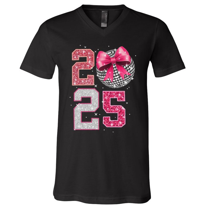 Happy New Year 2025 Disco Ball Coquette Bow Family V-Neck T-Shirt