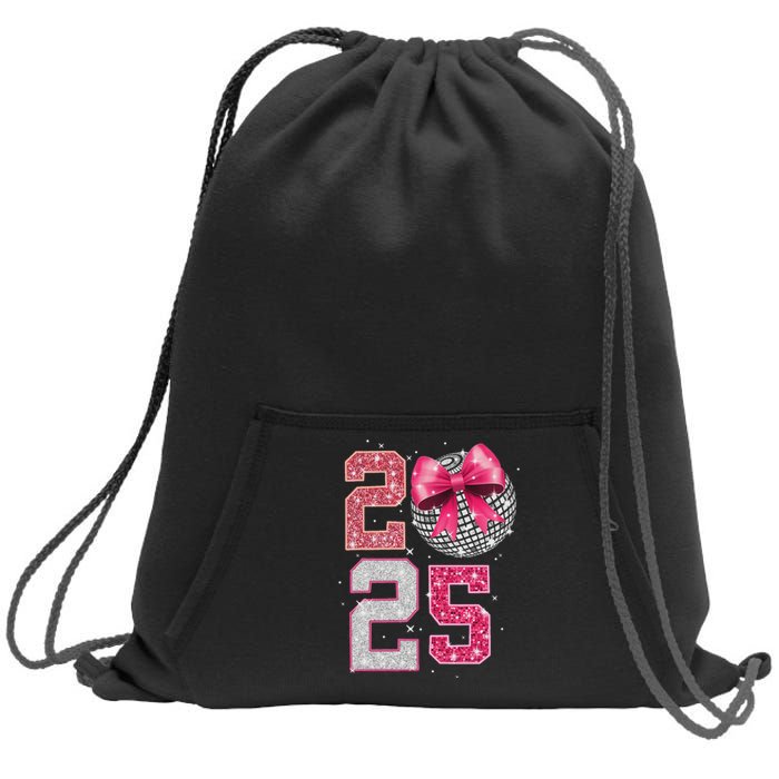 Happy New Year 2025 Disco Ball Coquette Bow Family Sweatshirt Cinch Pack Bag