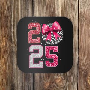 Happy New Year 2025 Disco Ball Coquette Bow Family Coaster