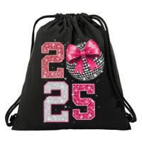 Happy New Year 2025 Disco Ball Coquette Bow Family Drawstring Bag