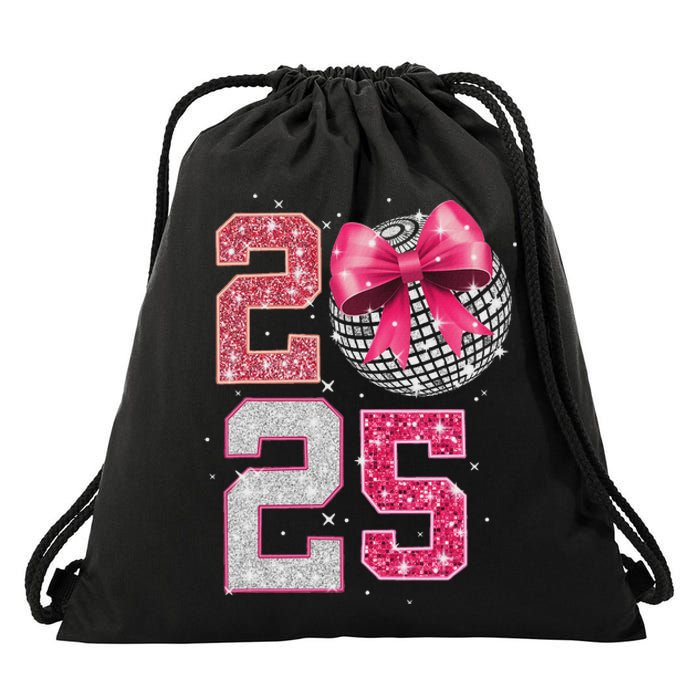 Happy New Year 2025 Disco Ball Coquette Bow Family Drawstring Bag