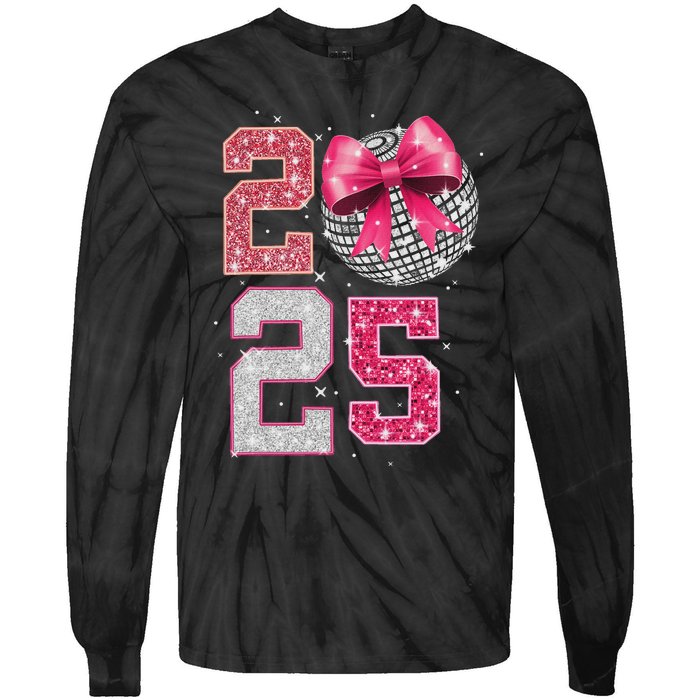 Happy New Year 2025 Disco Ball Coquette Bow Family Tie-Dye Long Sleeve Shirt