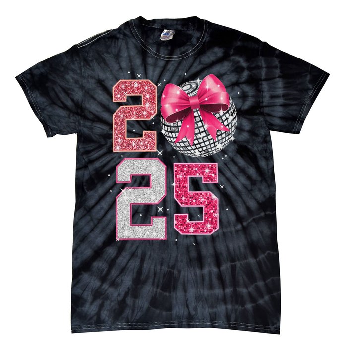 Happy New Year 2025 Disco Ball Coquette Bow Family Tie-Dye T-Shirt