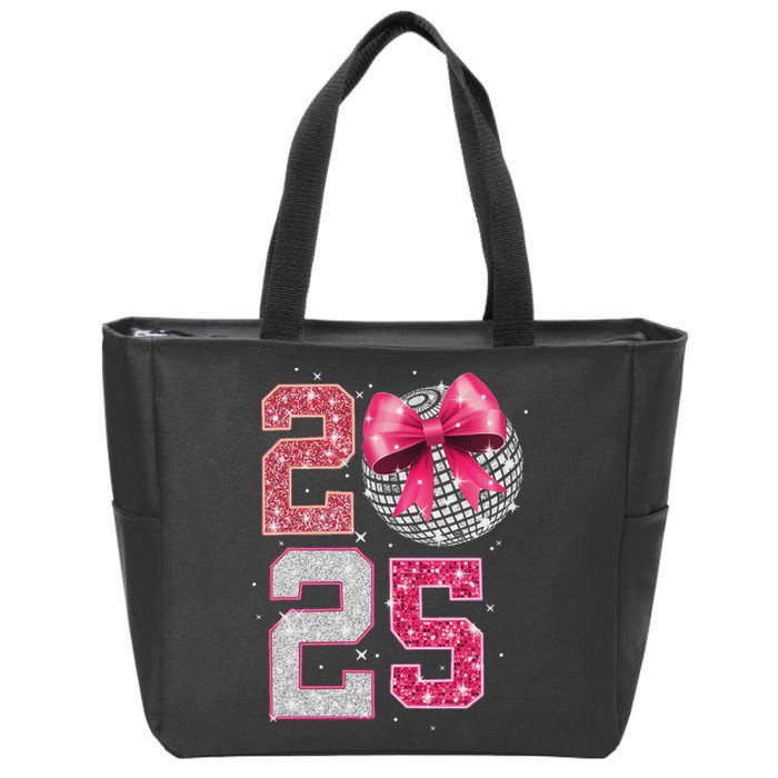 Happy New Year 2025 Disco Ball Coquette Bow Family Zip Tote Bag