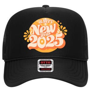 Happy New Year 2025 Celebration Graphic High Crown Mesh Back Trucker Hat