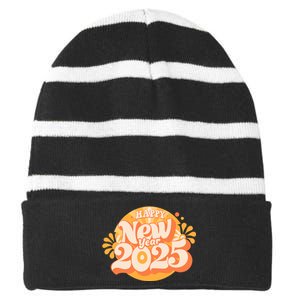 Happy New Year 2025 Celebration Graphic Striped Beanie with Solid Band