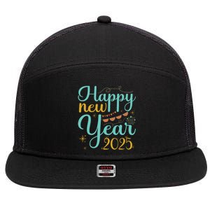 Happy New Year 2025 Celebration Graphic 7 Panel Mesh Trucker Snapback Hat