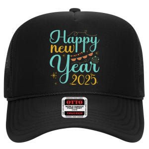 Happy New Year 2025 Celebration Graphic High Crown Mesh Back Trucker Hat