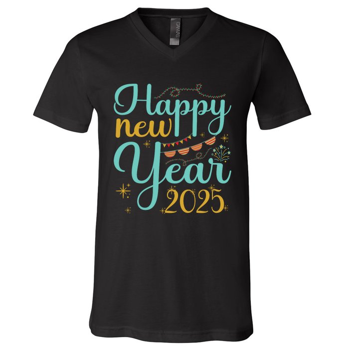 Happy New Year 2025 Celebration Graphic V-Neck T-Shirt