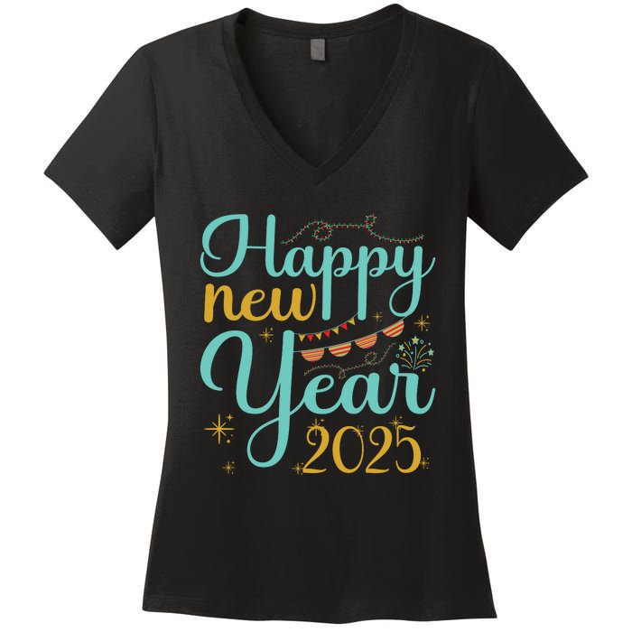 Happy New Year 2025 Celebration Graphic Women's V-Neck T-Shirt