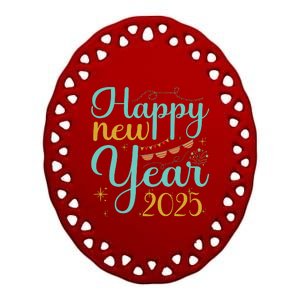 Happy New Year 2025 Celebration Graphic Ceramic Oval Ornament