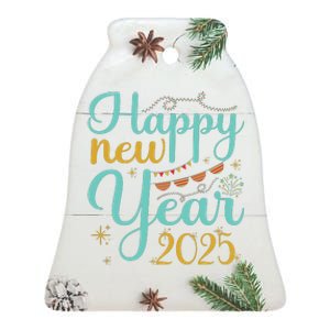 Happy New Year 2025 Celebration Graphic Ceramic Bell Ornament