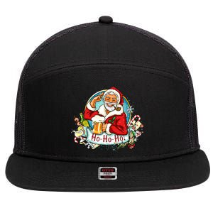 Ho-Ho-Ho Drinking Smoking Santa Claus Christmas 7 Panel Mesh Trucker Snapback Hat